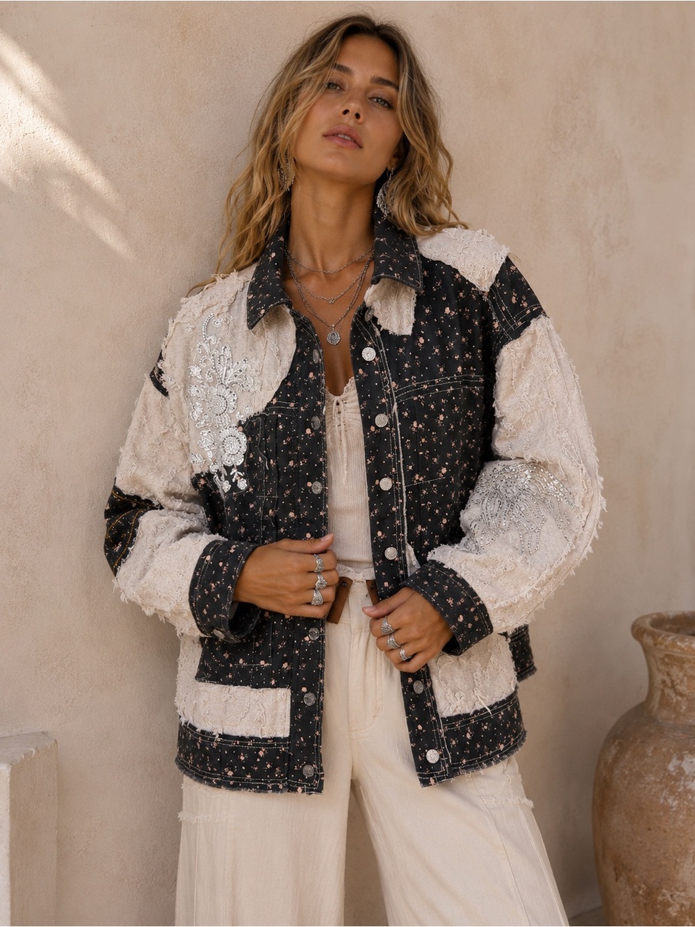 POL Boho Patchwork Distressed Floral Beaded Embellished Oversized Jacket Large